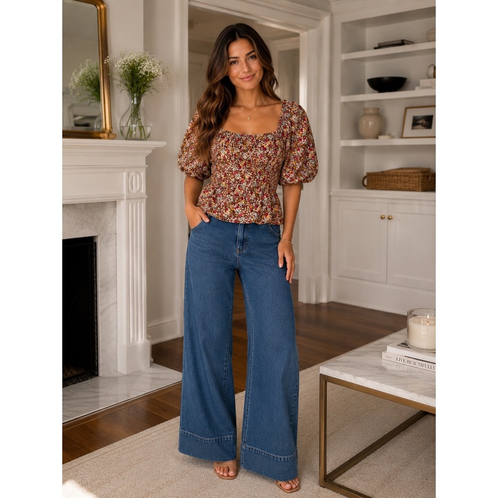 Sim & Sam Floral Puff Sleeve Smocked Back Peplum Top Multicolor Medium
